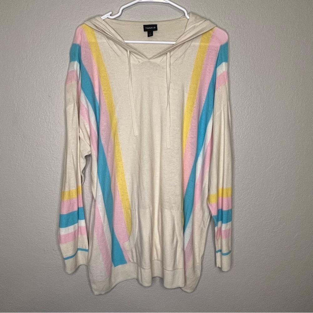 Torrid Cream V-Neck Sweater with Multicolor Stripes